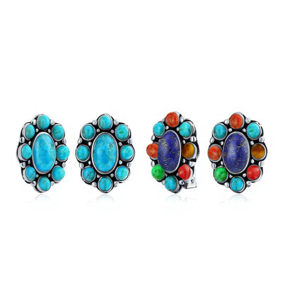 Set of 2 Turquoise & Multicolor Gemstones Clip-On Earrings Sterling Silver