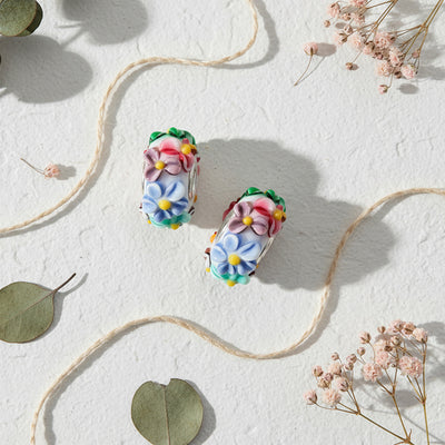 Set of 2 Murano Glass Charm Bead Multi-Color Flower Fits European Bracelet