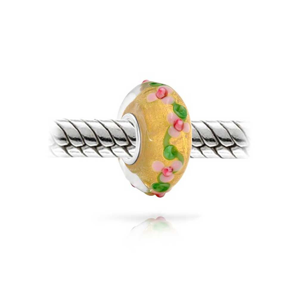 Murano Glass Charm Bead 3D Lampwork Multi-Color Gold Foil Flower Silver Core - Bling Jewelry