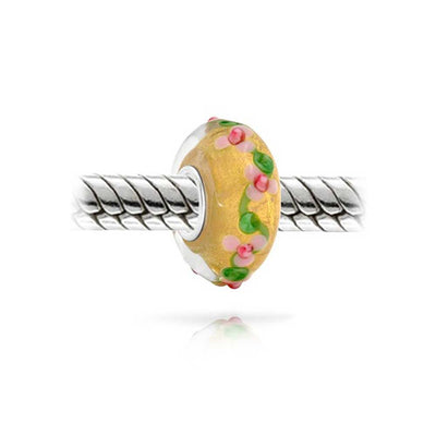 Murano Glass Charm Bead 3D Lampwork Multi-Color Gold Foil Flower Silver Core - Bling Jewelry