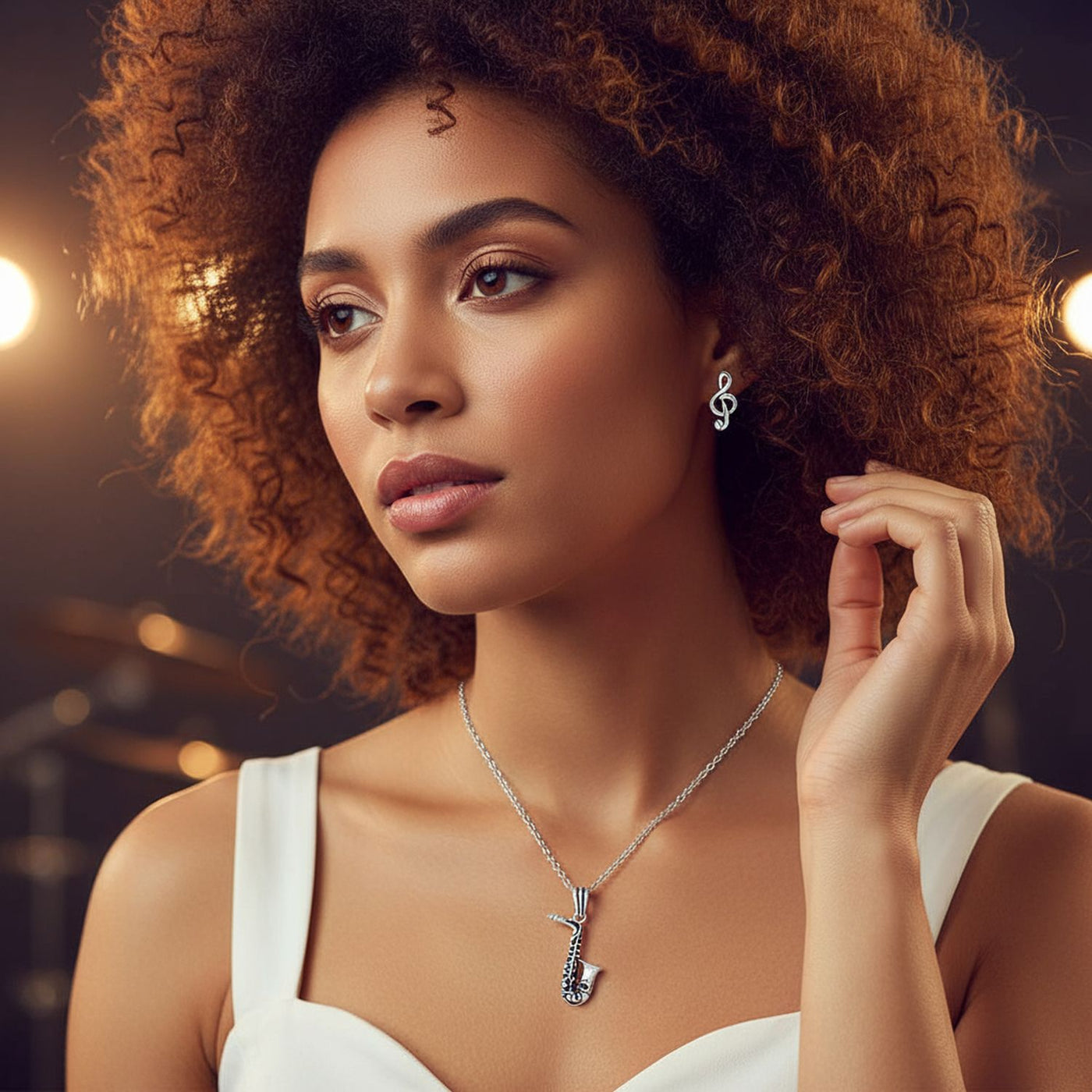 Music Lovers Saxophone Necklace & Treble Clef Stud Earrings Set Sterling Silver