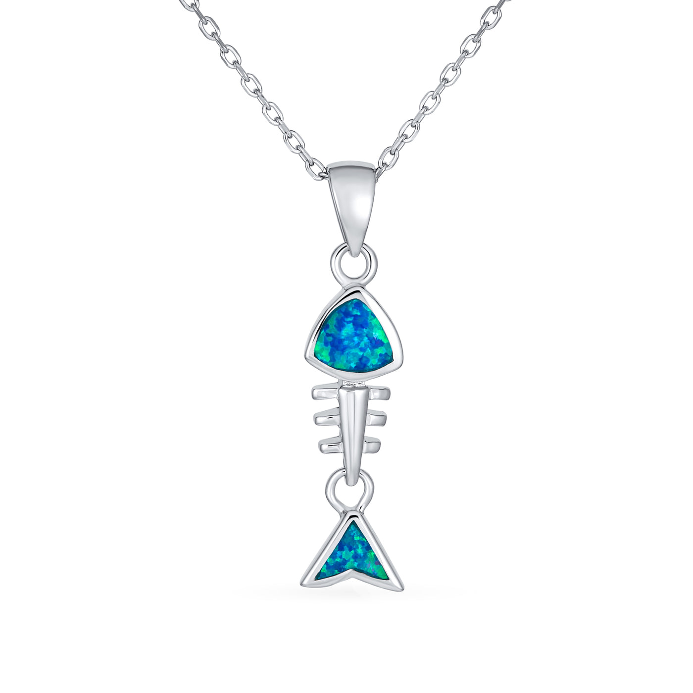 Blue Opal Nautical Beach Fishbone Dangle Pendant .925 Sterling Silver