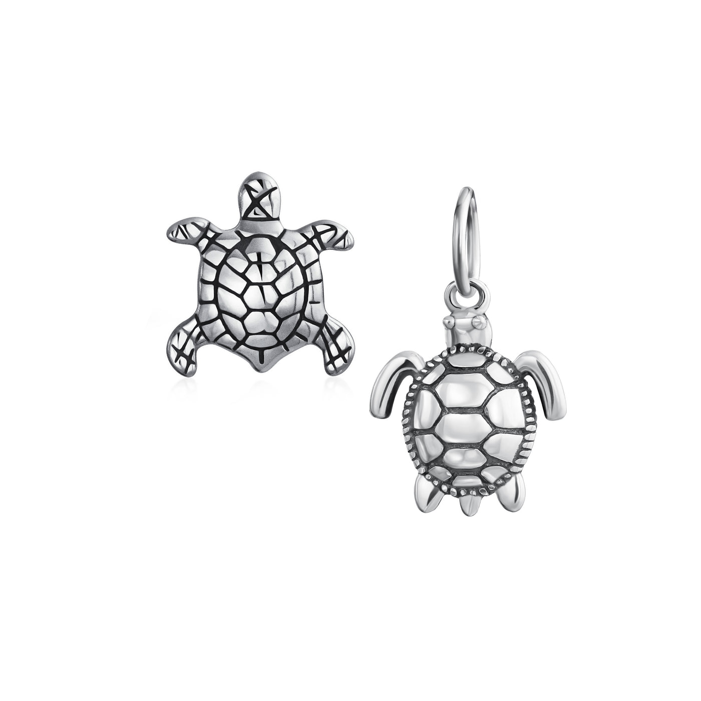 Set of 2 Oval Round Nautical Sea Turtle Charm Bead in Oxidized Sterling Silver