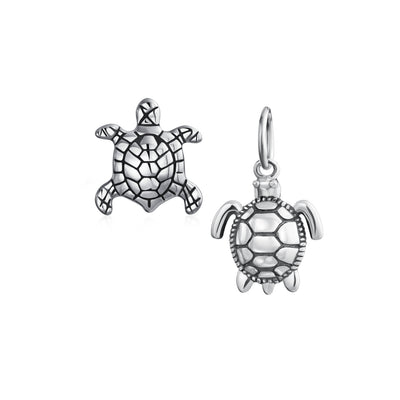 Set of 2 Oval Round Nautical Sea Turtle Charm Bead in Oxidized Sterling Silver
