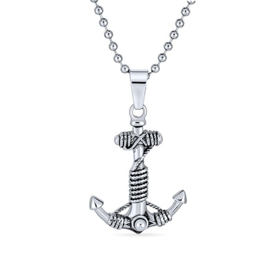 Nautical Ship Boat Anchor Rope Pendant Necklace Black Stainless Steel