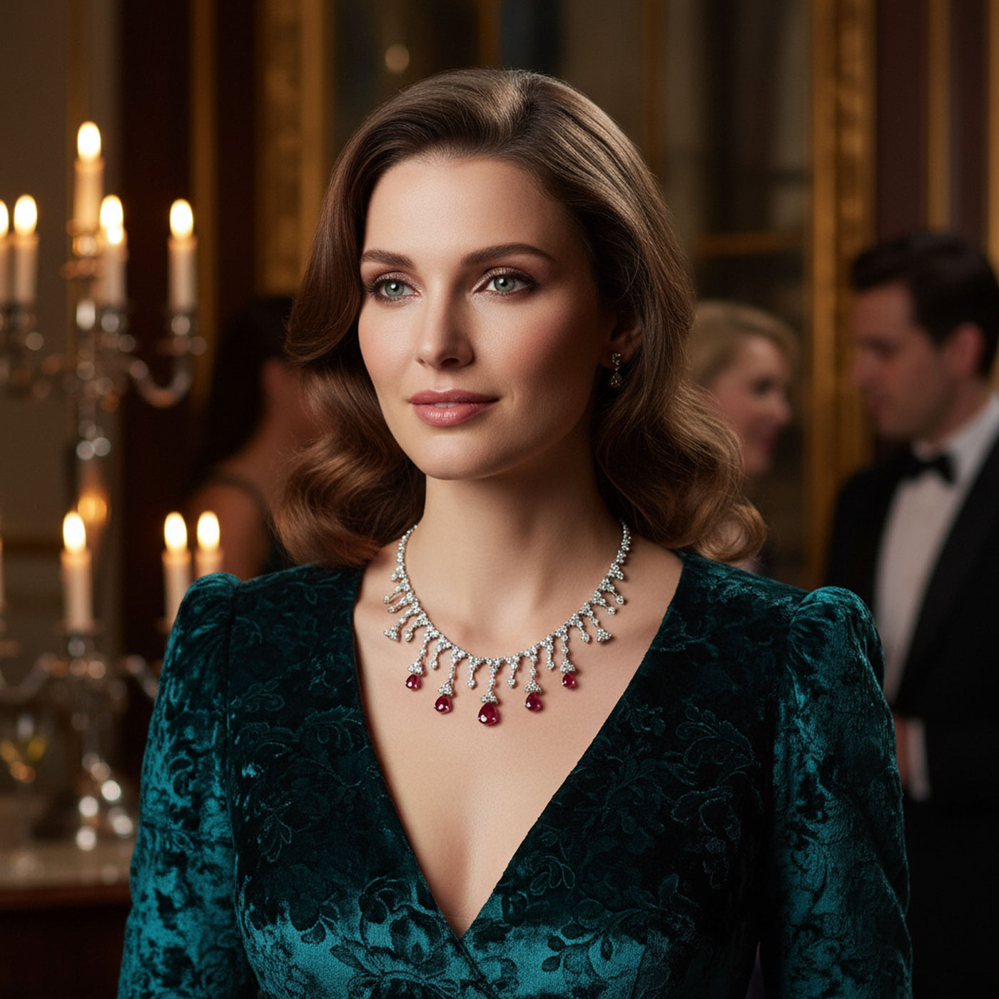 Vintage Style Red CZ Teardrop Collar Necklace Silver Plated Brass