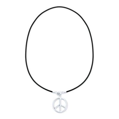 Large Peace Pendant Necklace Black Leather Cord .925 Sterling Silver