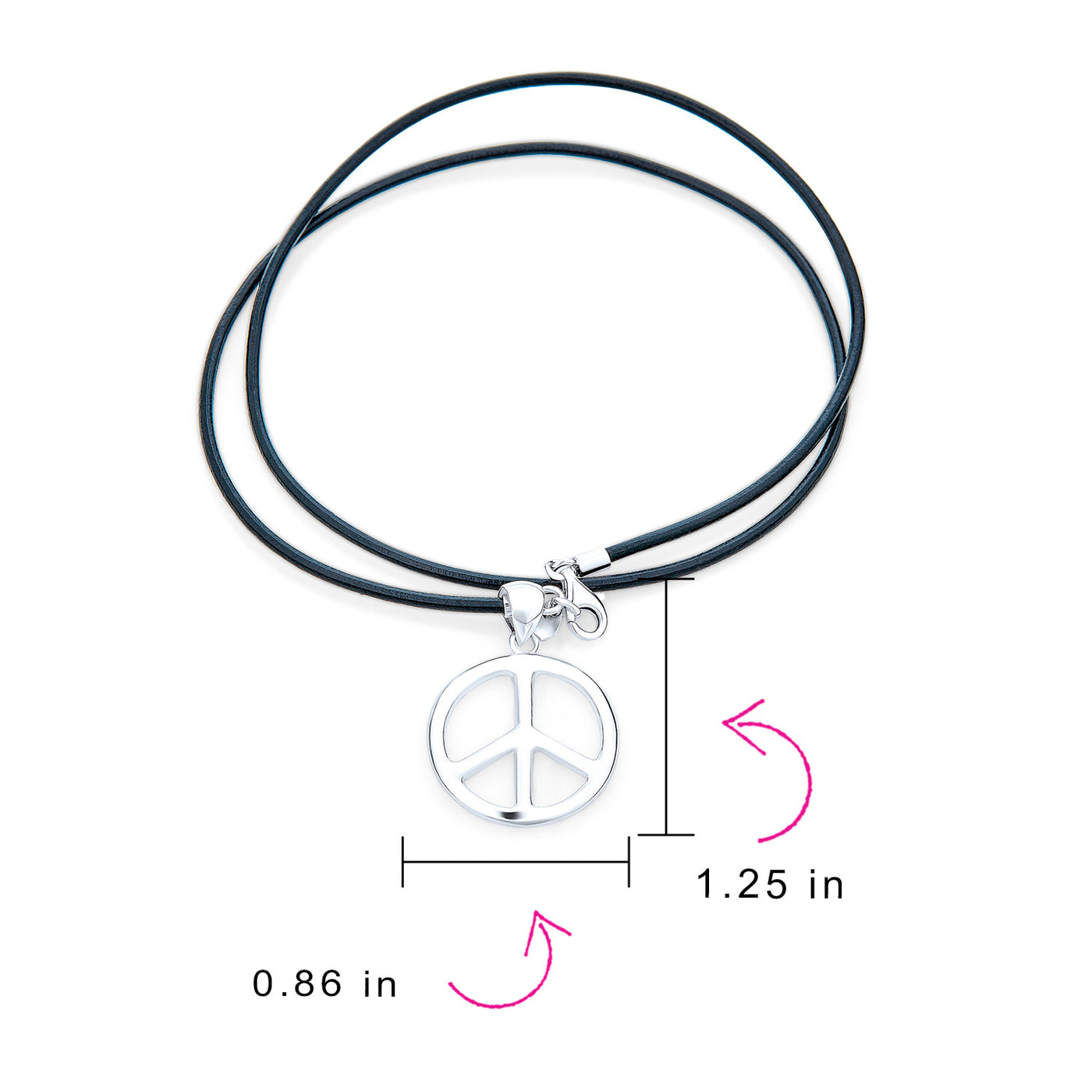 Men's Peace Sign Pendant Necklace Black Leather Cord Sterling Silver 18 Inch - Bling Jewelry