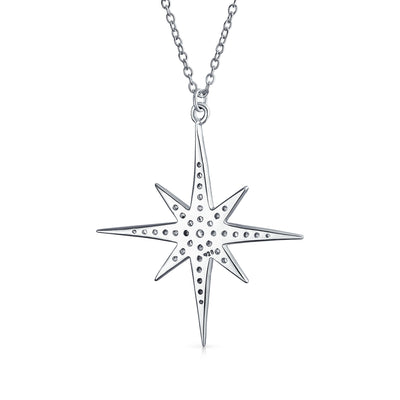 Celestial 8 Point Star North Star Burst Pendant Necklace CZ Sterling