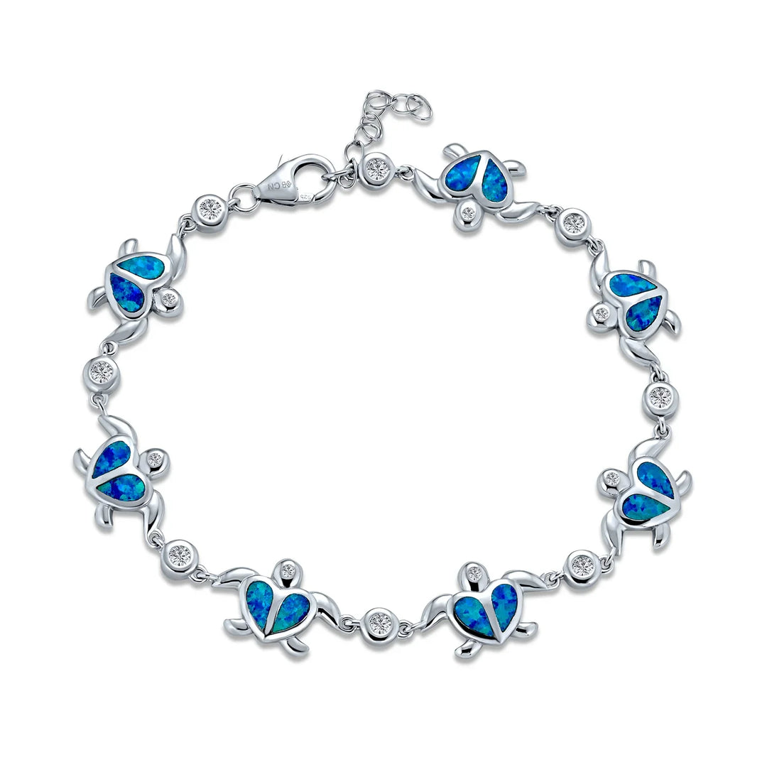 Nautical Chain Link Bracelet with Opal Sea Tortoise CZ Heart