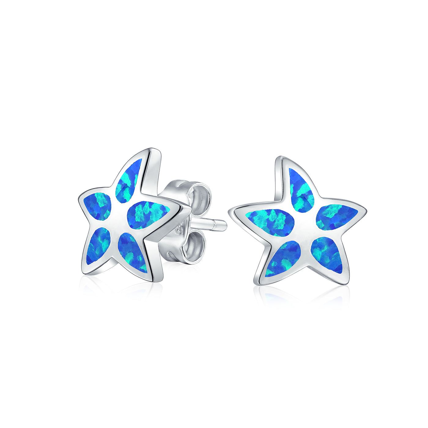 Blue Created Opal Inlay Starfish Stud Earrings Sterling Silver