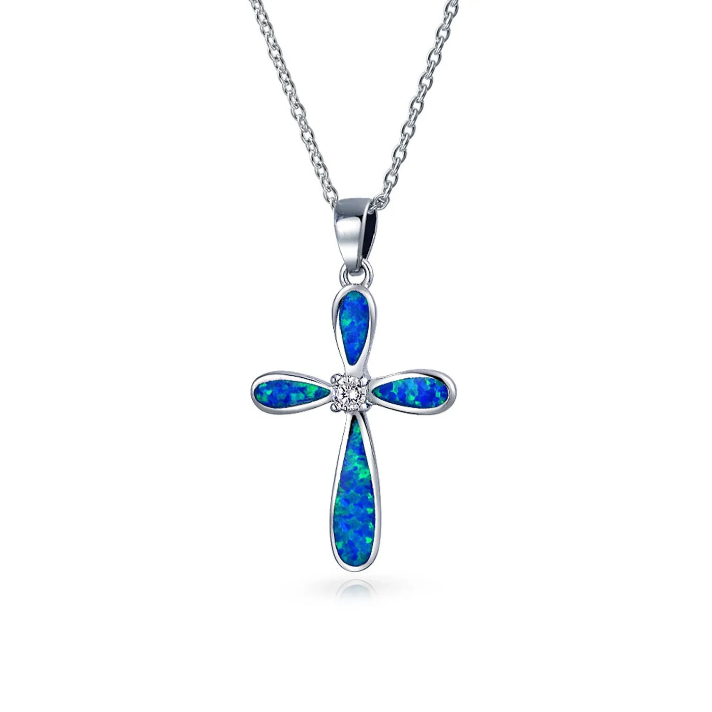 Vintage Faith Hope Love CZ Gemstone Blue Opal Cross Pendant Necklace Silver - Bling Jewelry