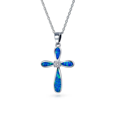 Vintage Faith Hope Love CZ Gemstone Blue Opal Cross Pendant Necklace Silver - Bling Jewelry