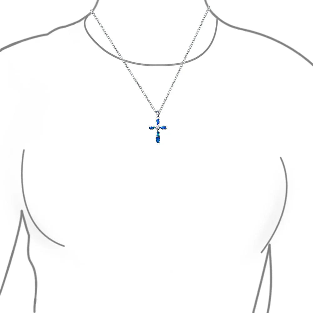 Vintage Faith Hope Love CZ Gemstone Blue Opal Cross Pendant Necklace Silver - Bling Jewelry