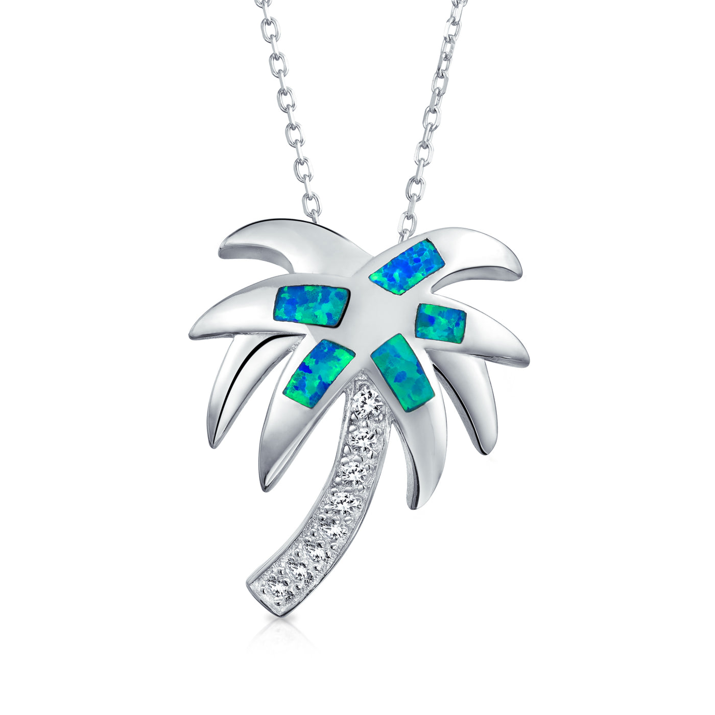 Palm Tree Pendant Blue Created Opal Necklace Sterling Silver Chain