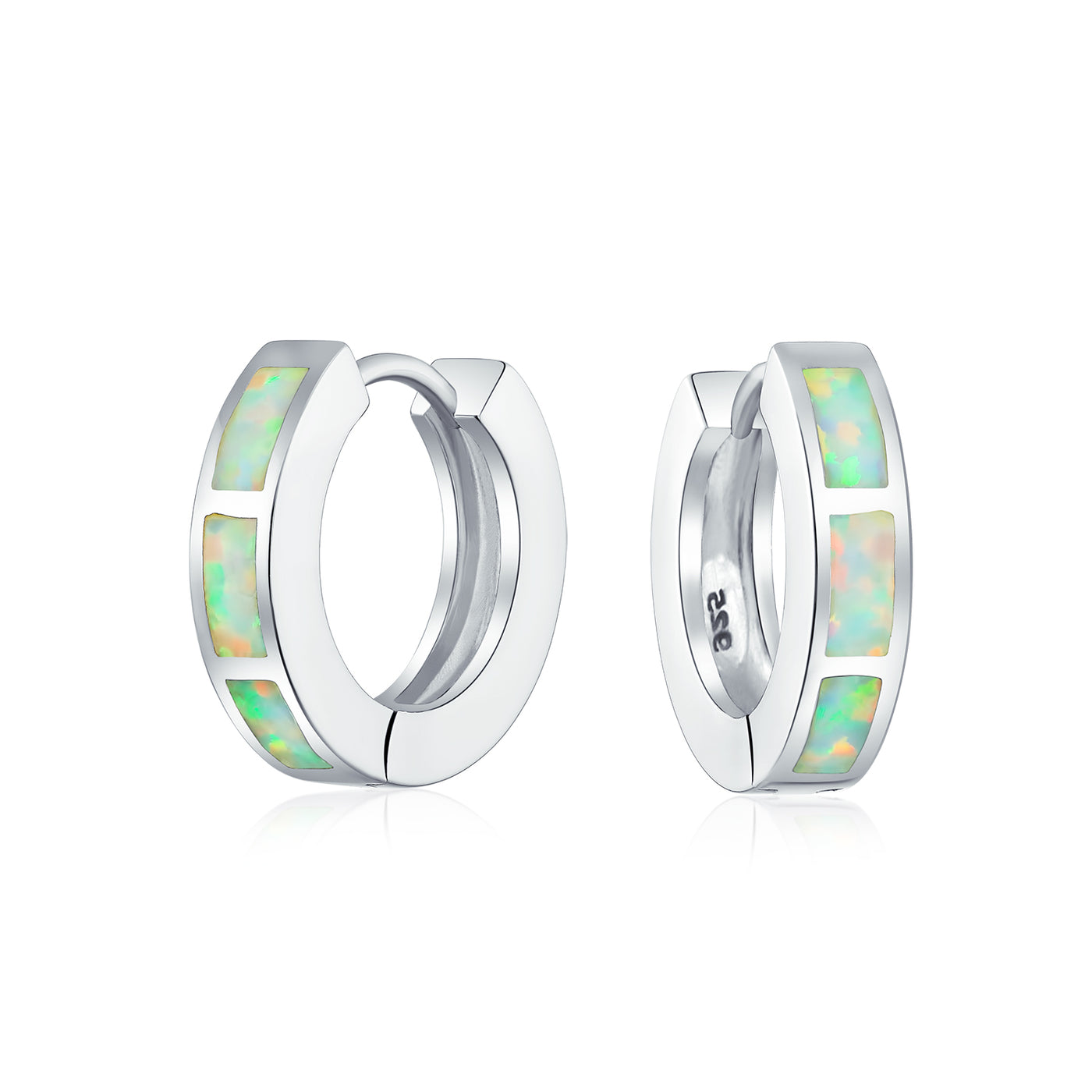 Set of 2 White & Blue Created Opal Gemstone Huggie Hoop Earrings Sterling Silver