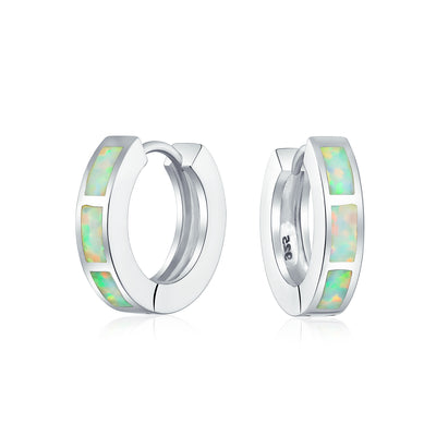 Set of 2 White & Blue Created Opal Gemstone Huggie Hoop Earrings Sterling Silver
