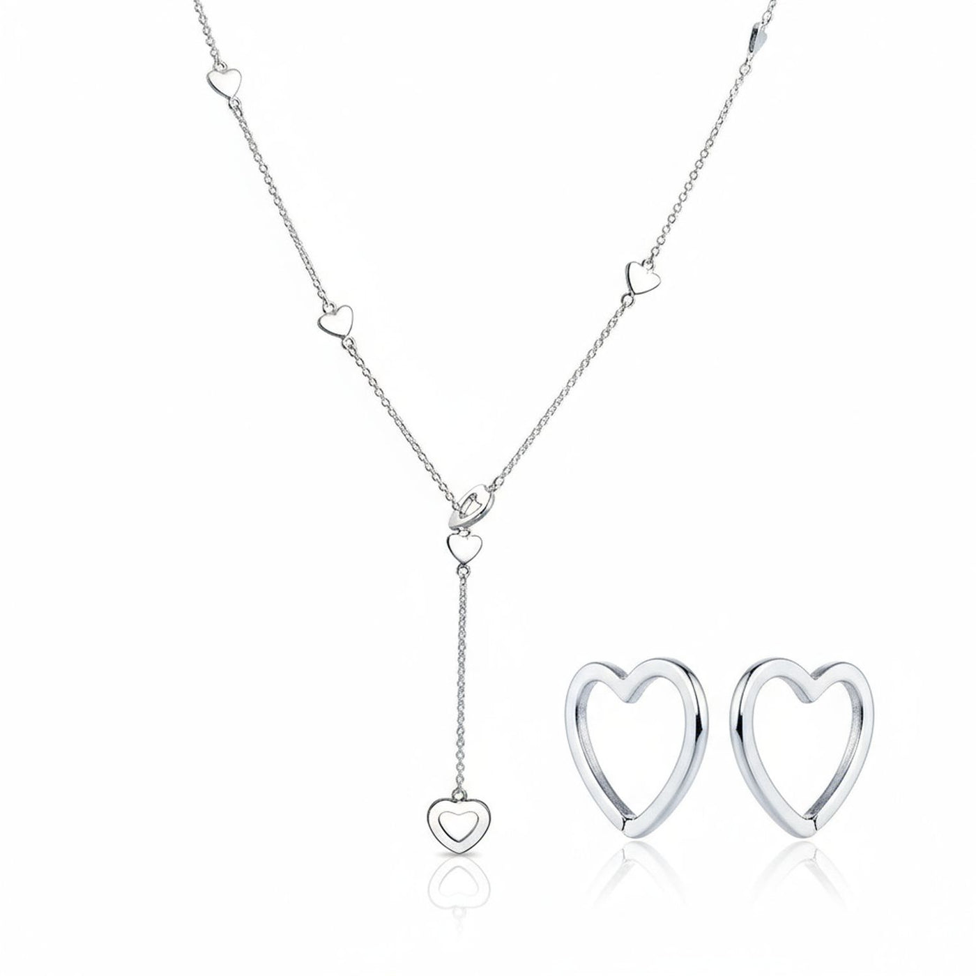 Linear Lariat Heart Necklace & Mini Hoop Earrings Jewelry Set Sterling Silver