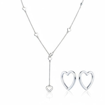 Linear Lariat Heart Necklace & Mini Hoop Earrings Jewelry Set Sterling Silver