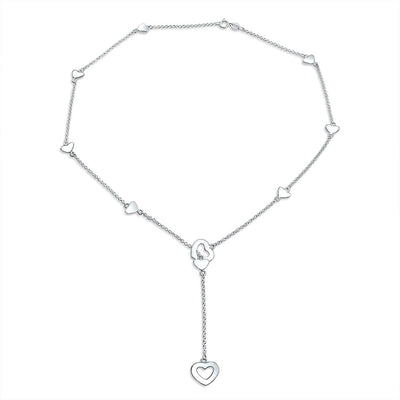 Linear Lariat Heart Necklace & Mini Hoop Earrings Jewelry Set Sterling Silver