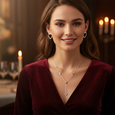 Linear Lariat Heart Necklace & Mini Hoop Earrings Jewelry Set Sterling Silver