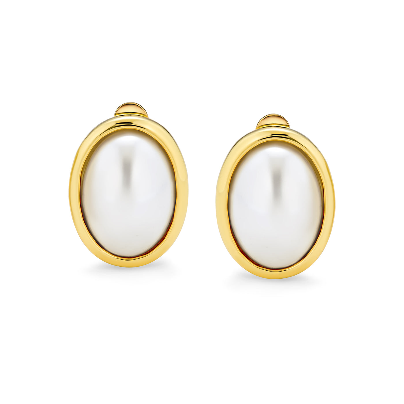 Oval Clip On White Imitation Pearl Earrings Cabochon Gold Plated