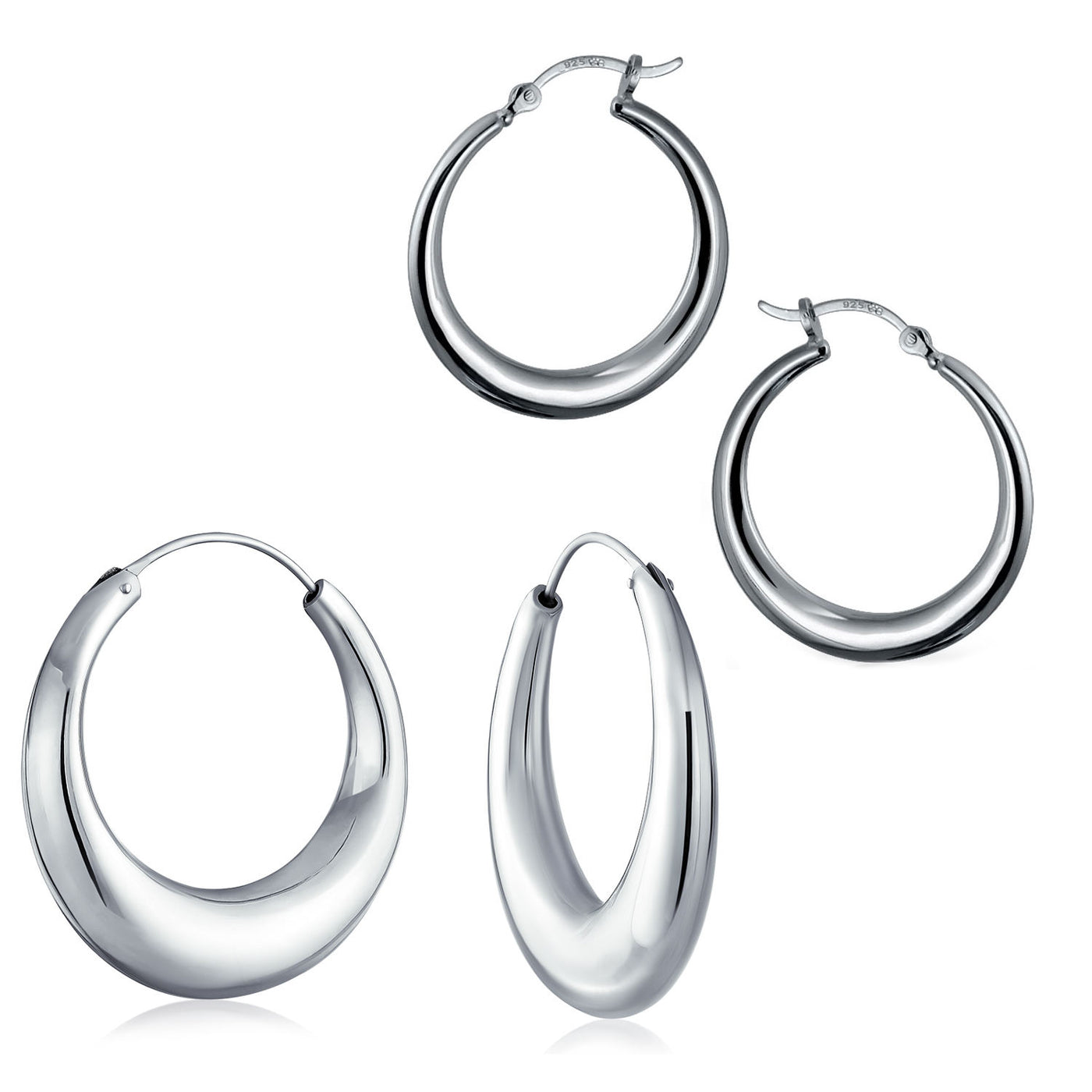 Set of 2 Tube Round 1.75" Hinged & 1" Endless Hoop Earrings Sterling Silver