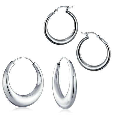 Set of 2 Tube Round 1.75" Hinged & 1" Endless Hoop Earrings Sterling Silver