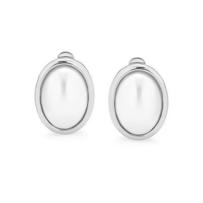 Set of 2 Simple White Pearl Cabochon Oval Clip-On Earrings Silver Gold Plated - Bling Jewelry