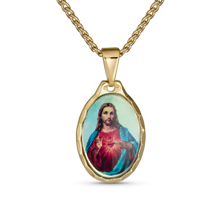 Oval Religious Medal Sacred Heart Jesus Pendant Necklace Gold