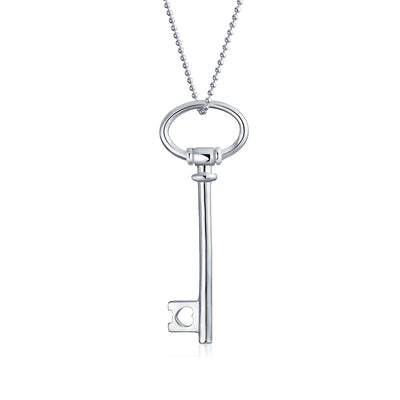 Large Open Oval Key Shape Pendant High .925 Sterling Silver Necklace