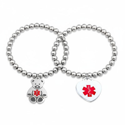 Set of 2 Medical ID Bracelet Teddy Bear & Heart Charm Silver Tone Beads