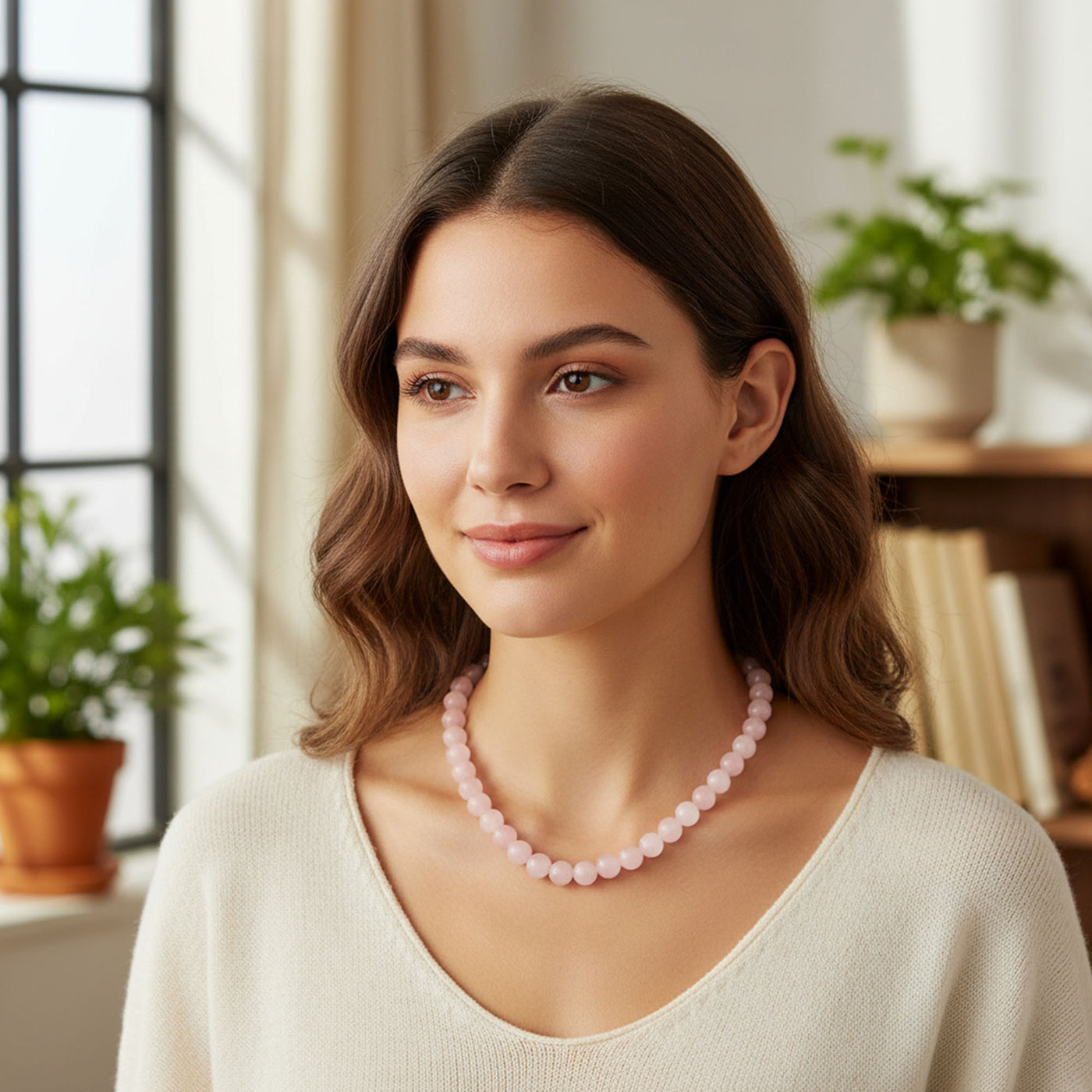 Plain Simple Western Jewelry Pink Rose Quartz Bead Strand Necklace Silver Clasp