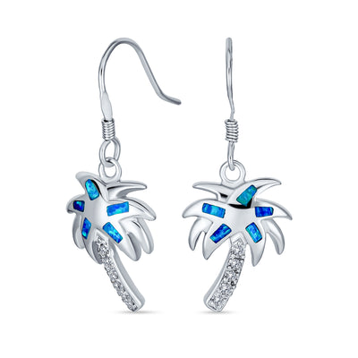Created Blue Opal Palm Tree French Wire Earrings .925 Sterling Silver