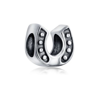 Western Cowgirl Horse & Lucky Horseshoe Charm Bead Oxidized Sterling Silver
