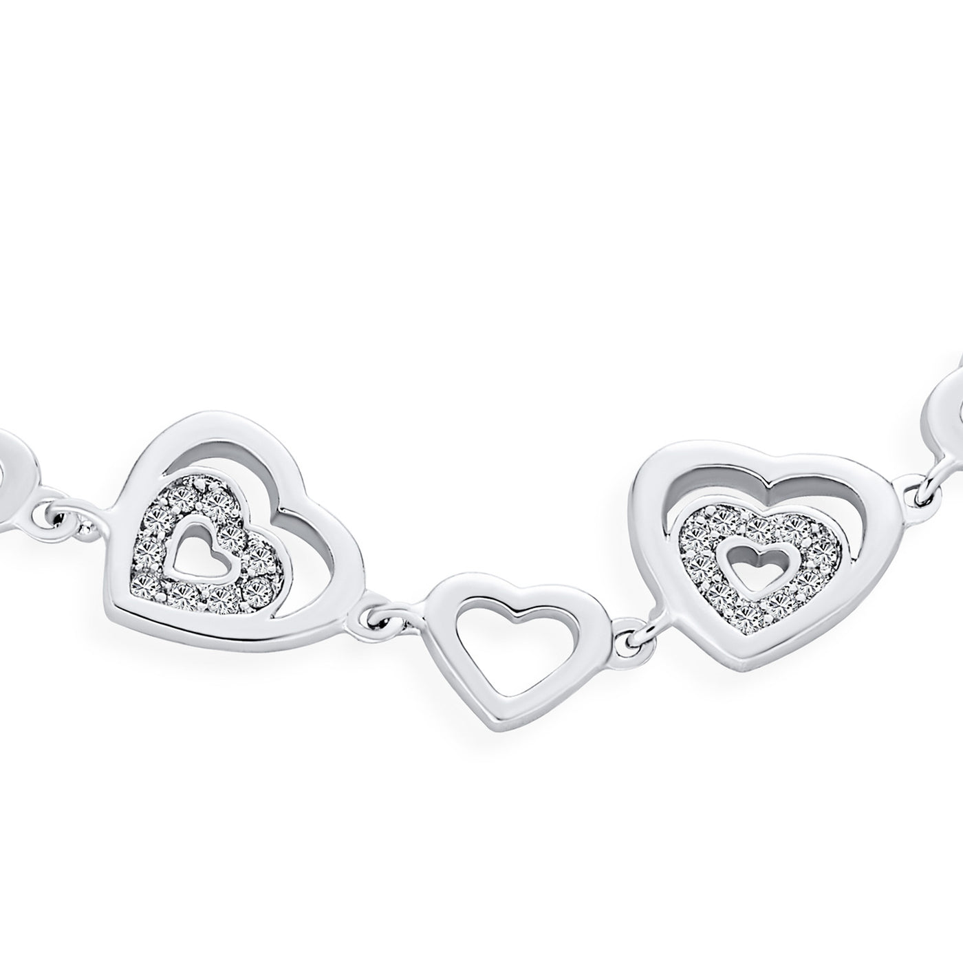 Open Heart Pave CZ Bracelet & Hoop Earrings Jewelry Set Silver Plated