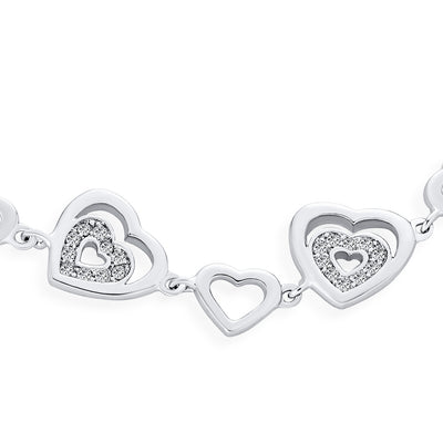 Open Heart Pave CZ Bracelet & Hoop Earrings Jewelry Set Silver Plated