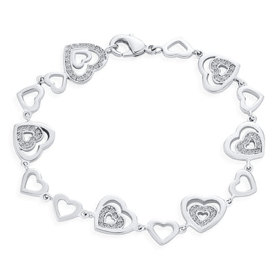 Open Heart Pave CZ Bracelet & Hoop Earrings Jewelry Set Silver Plated