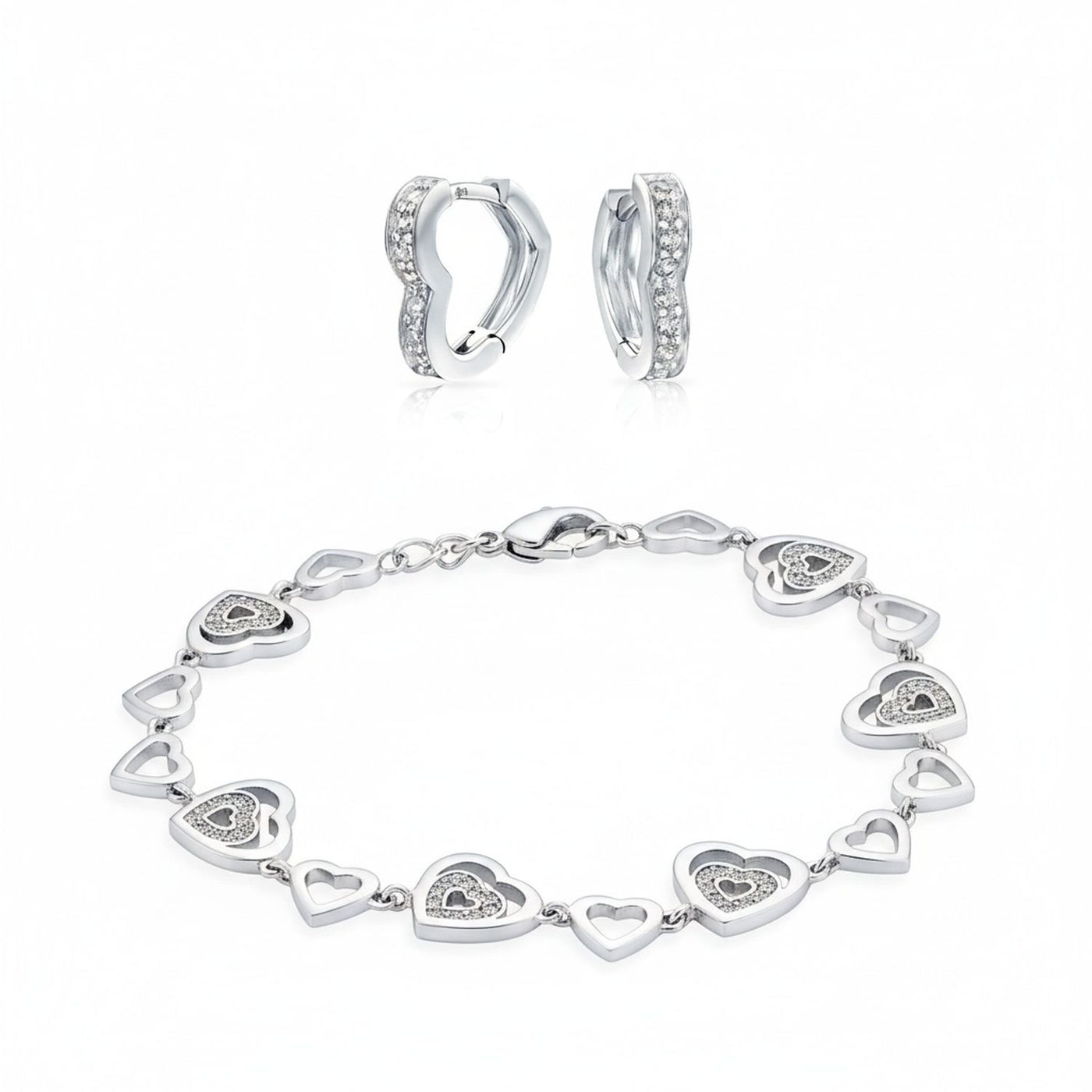 Open Heart Pave CZ Bracelet & Hoop Earrings Jewelry Set Silver Plated