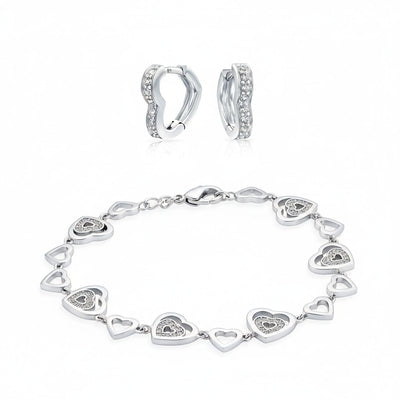 Open Heart Pave CZ Bracelet & Hoop Earrings Jewelry Set Silver Plated