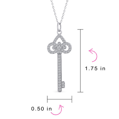Fleur De Lis Key Pendant Pave Cubic Zirconia CZ Silver Necklace
