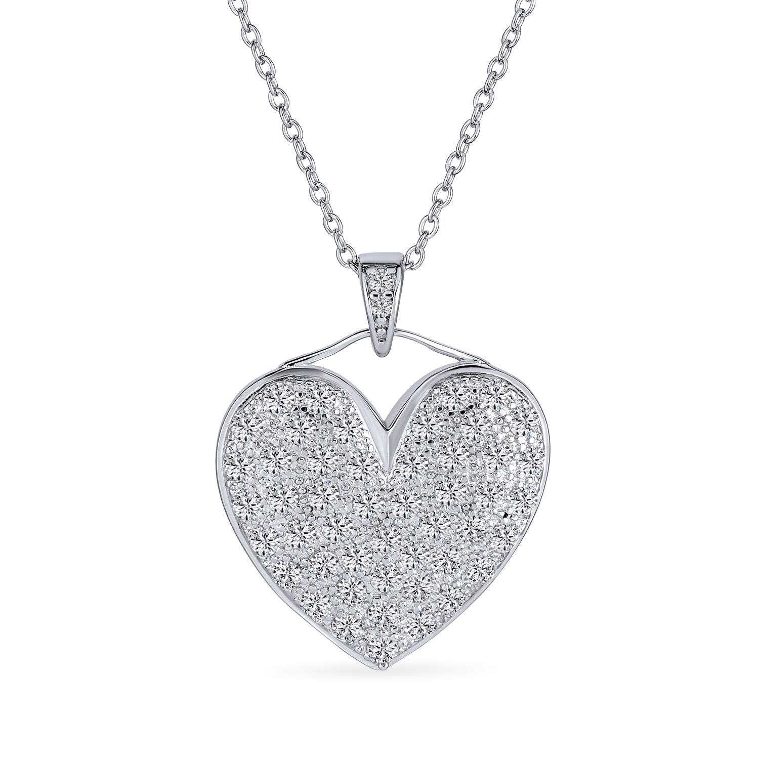 Pavé Set Cubic Zirconia Puff Heart Open Cuff Bangle in Sterling Silver
