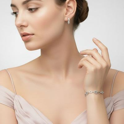 Open Heart Pave CZ Bracelet & Hoop Earrings Jewelry Set Silver Plated