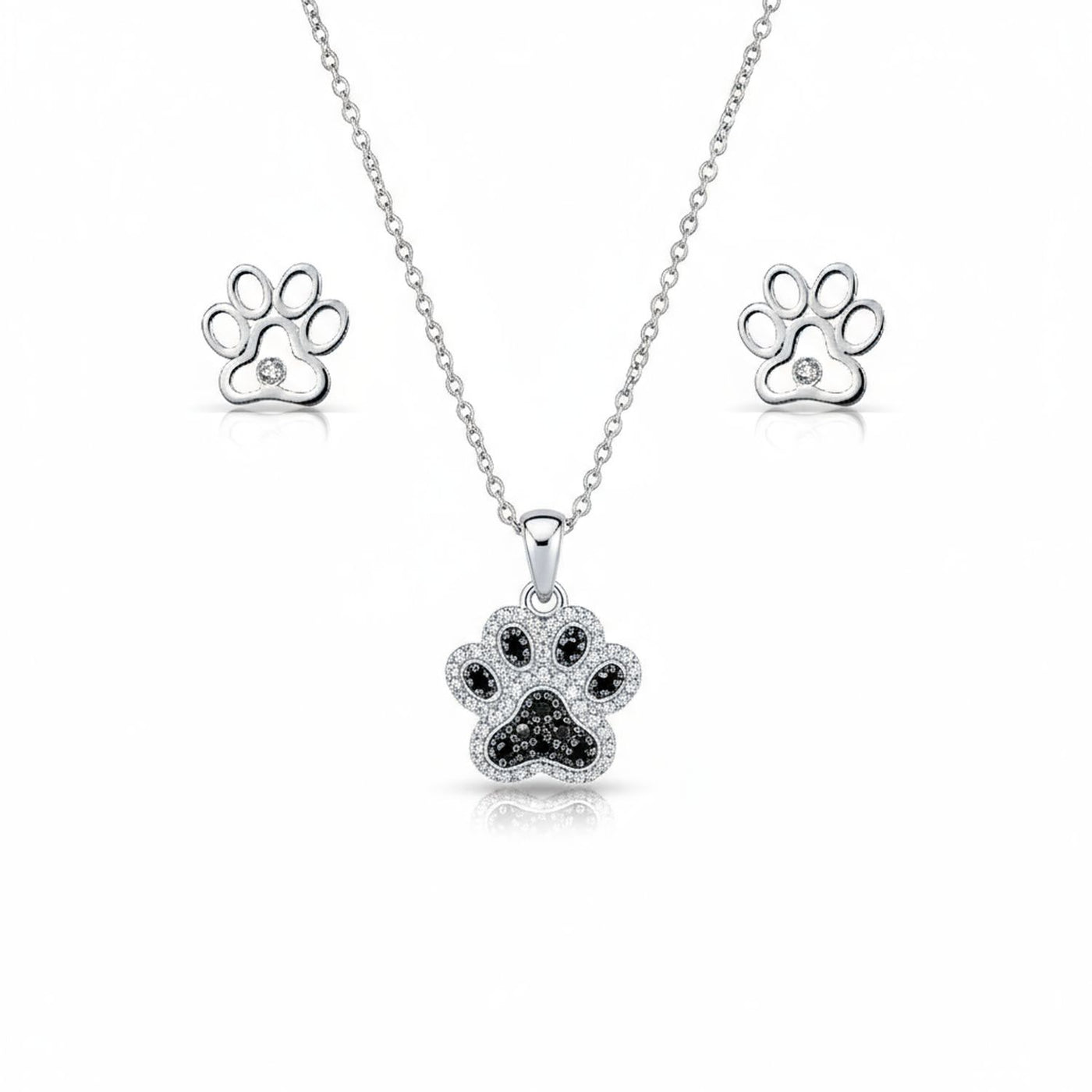 Black & White CZ Dog Cat Puppy Pet Paw Necklace & Earrings Set Sterling Silver