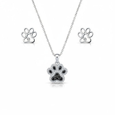 Black & White CZ Dog Cat Puppy Pet Paw Necklace & Earrings Set Sterling Silver
