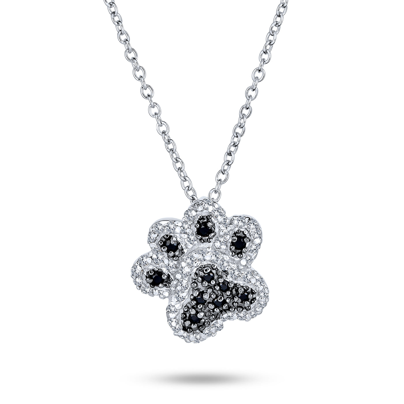 Black & White CZ Dog Cat Puppy Pet Paw Necklace & Earrings Set Sterling Silver