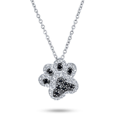 Black & White CZ Dog Cat Puppy Pet Paw Necklace & Earrings Set Sterling Silver