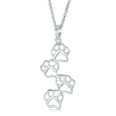 Animal 4 Multi Paw Prints Pendant Necklace & Stud Earrings Set Sterling Silver