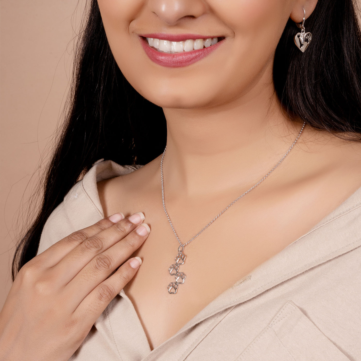 Animal 4 Multi Paw Prints Pendant Necklace & Stud Earrings Set Sterling Silver