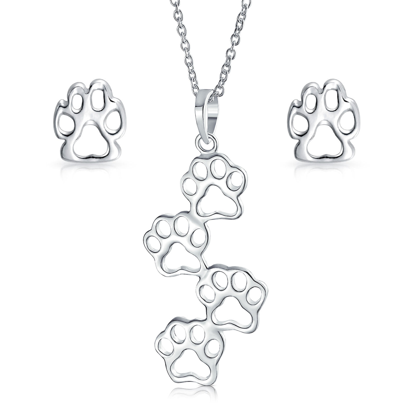 Animal 4 Multi Paw Prints Pendant Necklace & Stud Earrings Set Sterling Silver